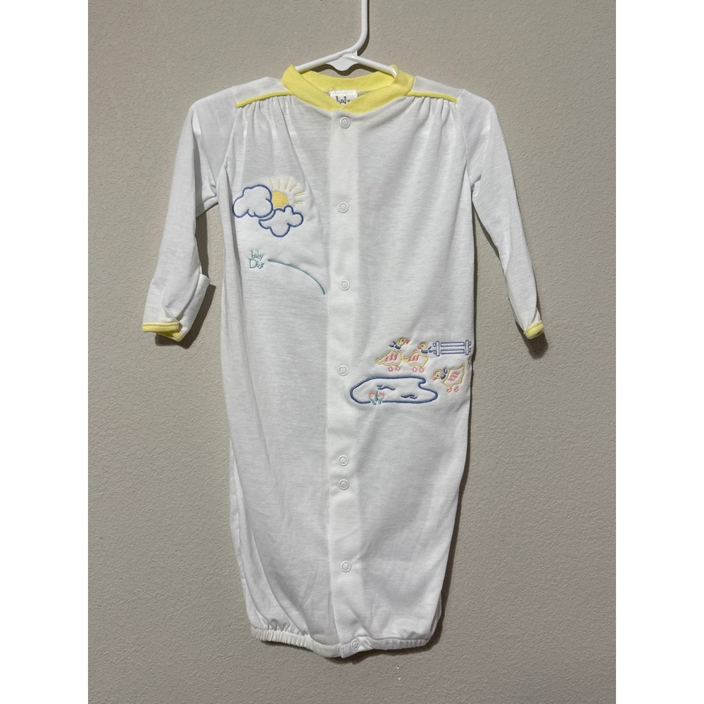 VTG Baby Dior Embroidered Ducks Convertible Romper/Gown Layette 0-3 Months